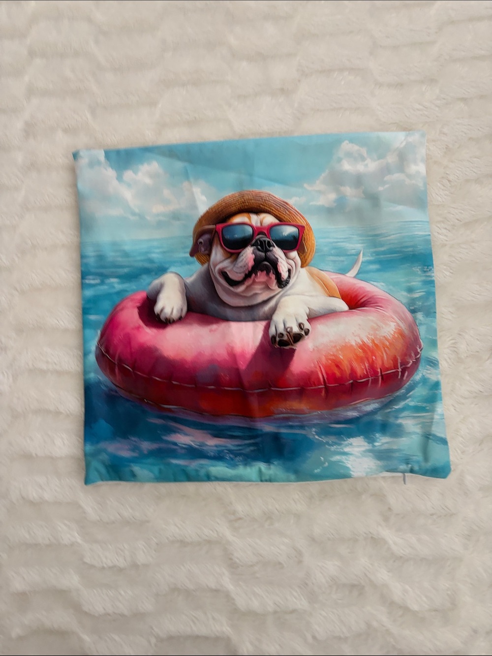 Playful Bulldog Decorative Pillow Cover in Pink Float Design